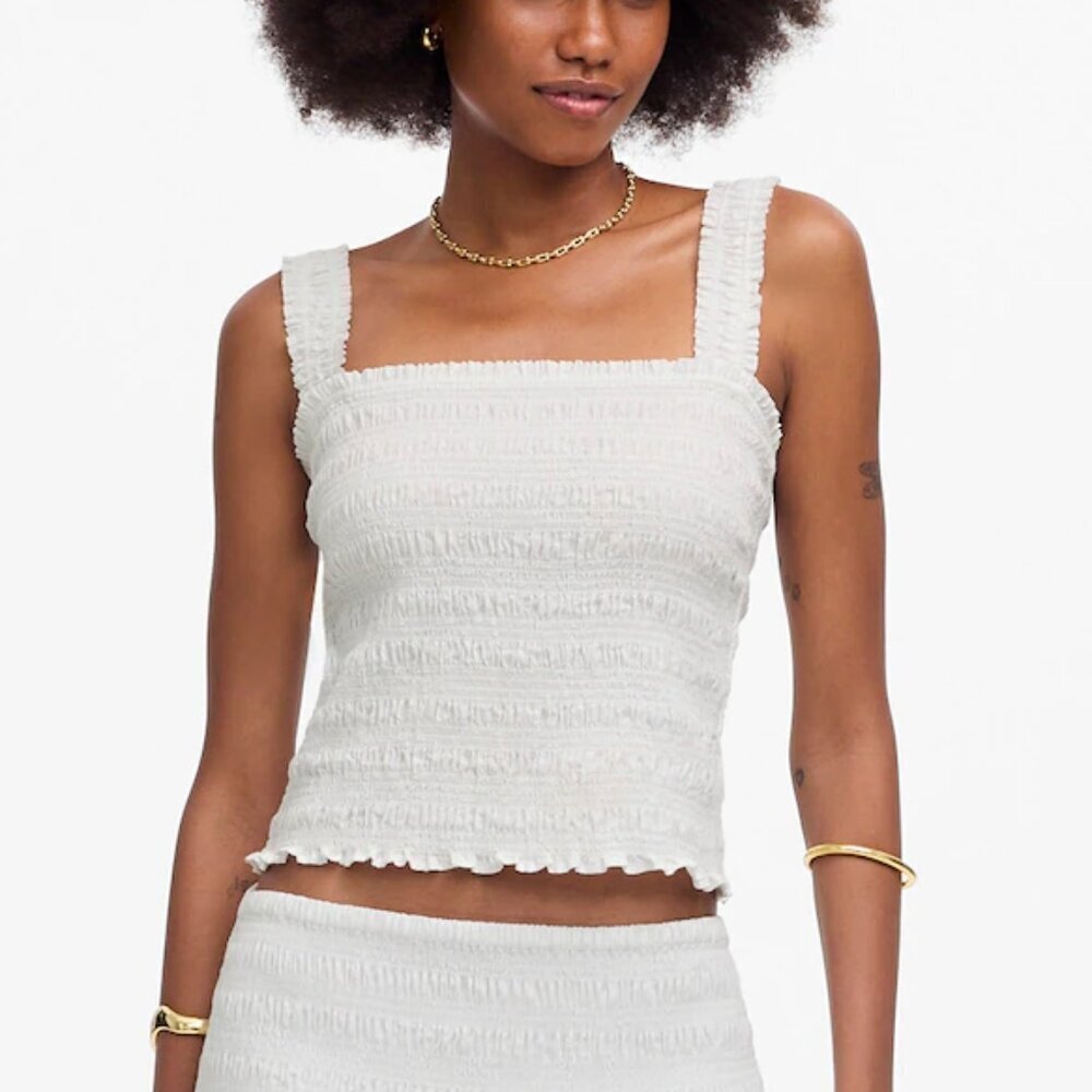 Madewell Cotton Poplin Smocked Cropped Slim Fit Tank White Size M NWT